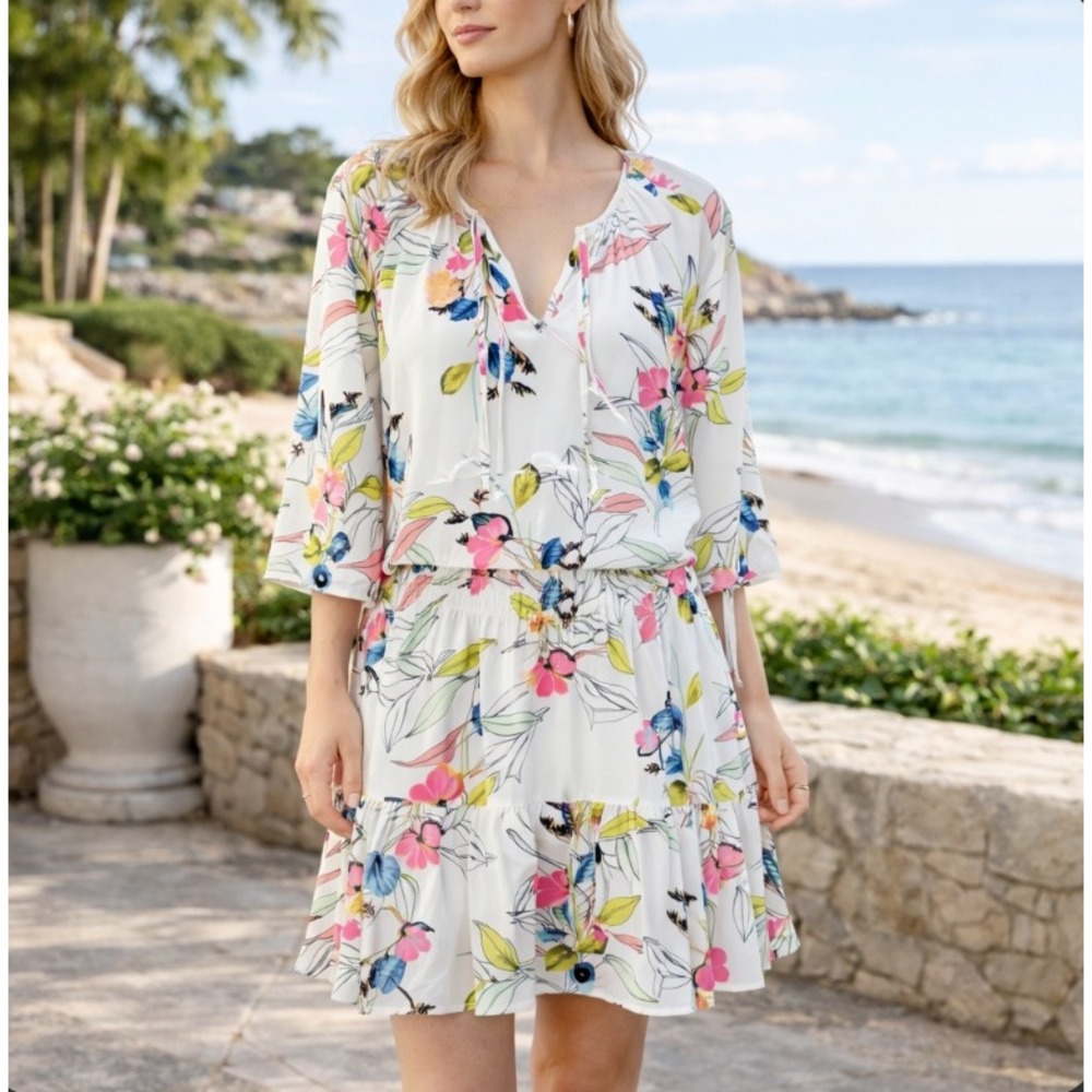 Yumi Kim Floral Mini Steffee Dress Small Silk‎ White Long Sleeve Tiered V-Neck